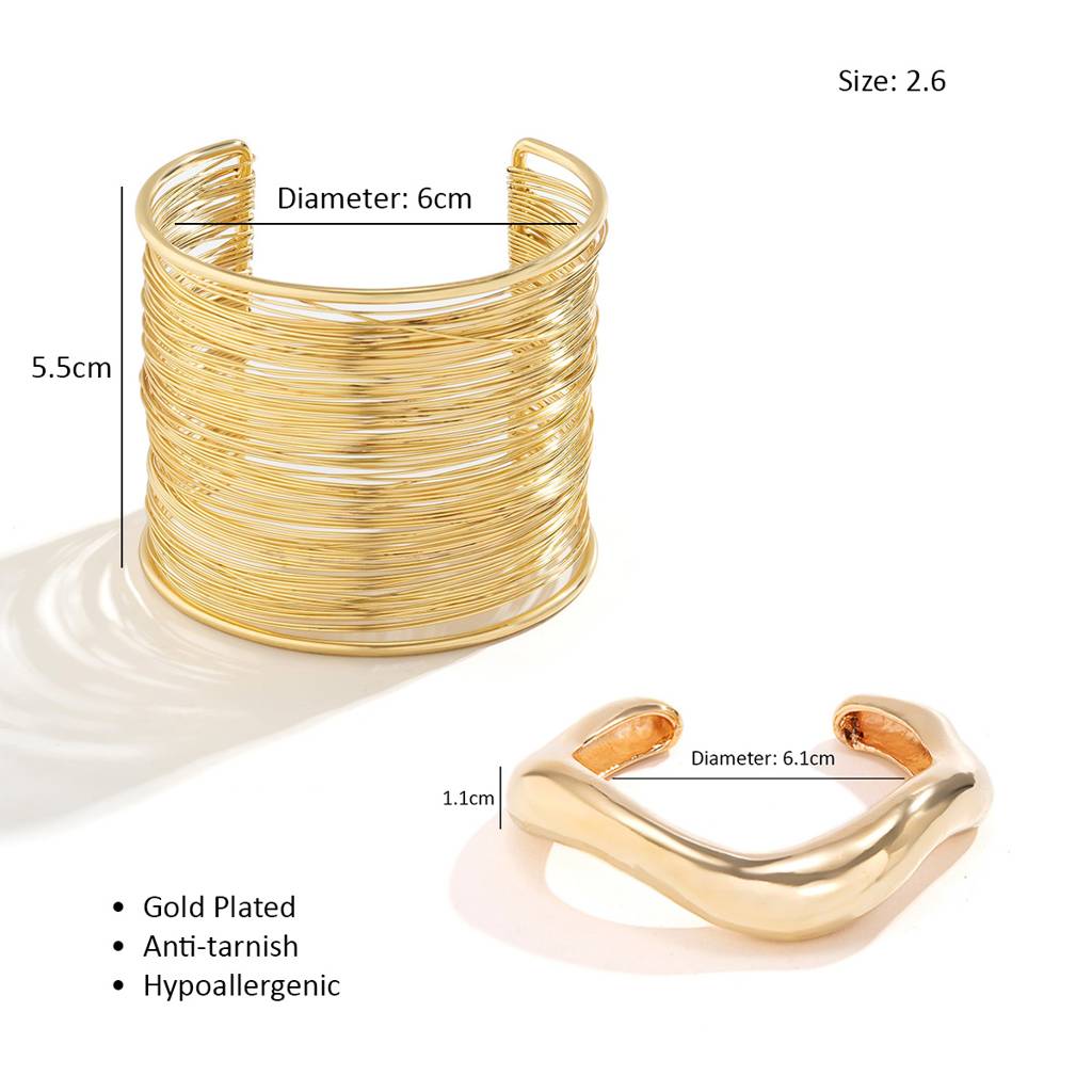 Gold/Silver Plated Anti-Tranish Bold Chunky Coil Wire And Wavy Statement Open Cuff Bracelet Combo : ADNSX0525B6712GC2