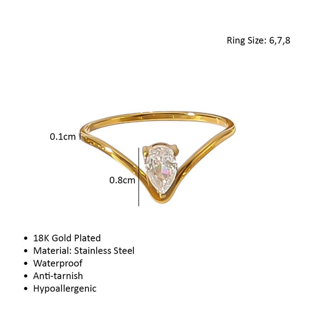 18K Gold Plated Waterproof Anti-Tarnish V-Shaped Tear Drop Zircon Ring : AFC0125R105G_6