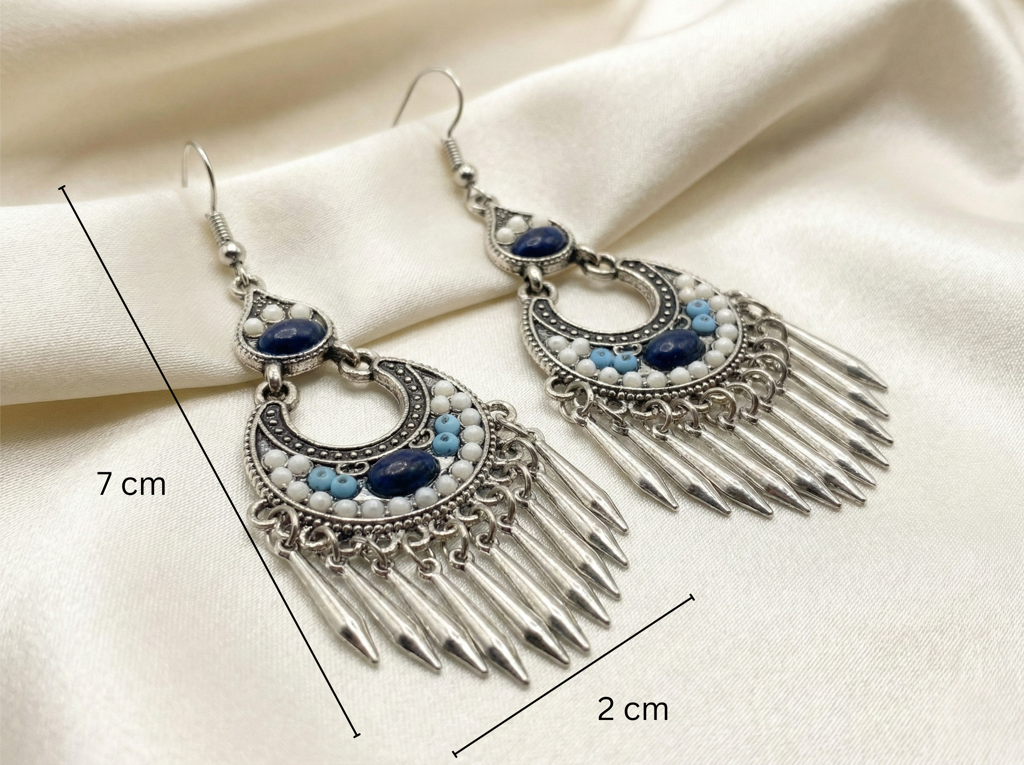 Silver Plated Bohemian Crescent Chandbali Earrings With Blue Stone Accents Tribal Style Statement Earrings For Women : IC-CBALI
