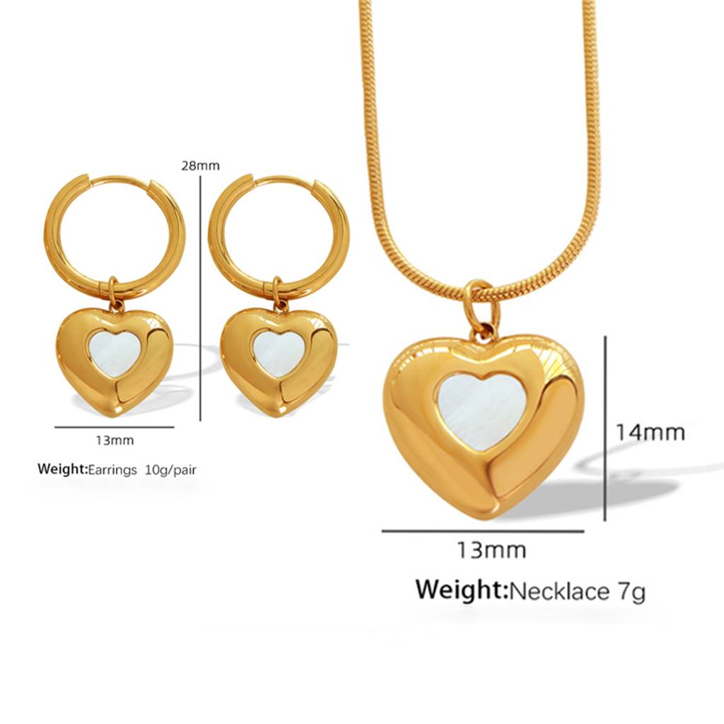18K Gold Plated Waterproof, Anti-Tarnish Heart Pendant Necklace And Earrings Set : AOU0125PS180GC