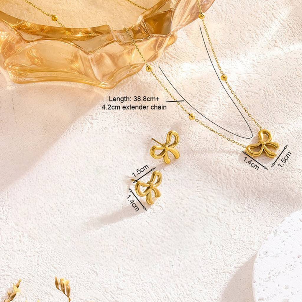 18K Gold Plated Waterproof Anti-Tarnish Bow Pendant Necklace And Stud Set (Pack Of 2) : ASJ0125PS849C