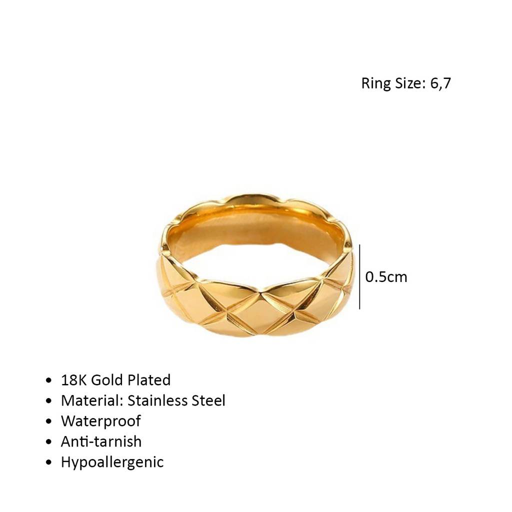 Mens 18K Gold Plated Waterproof Anti-Tarnish Quilt Design Ring : AFC0125R098N_6_M