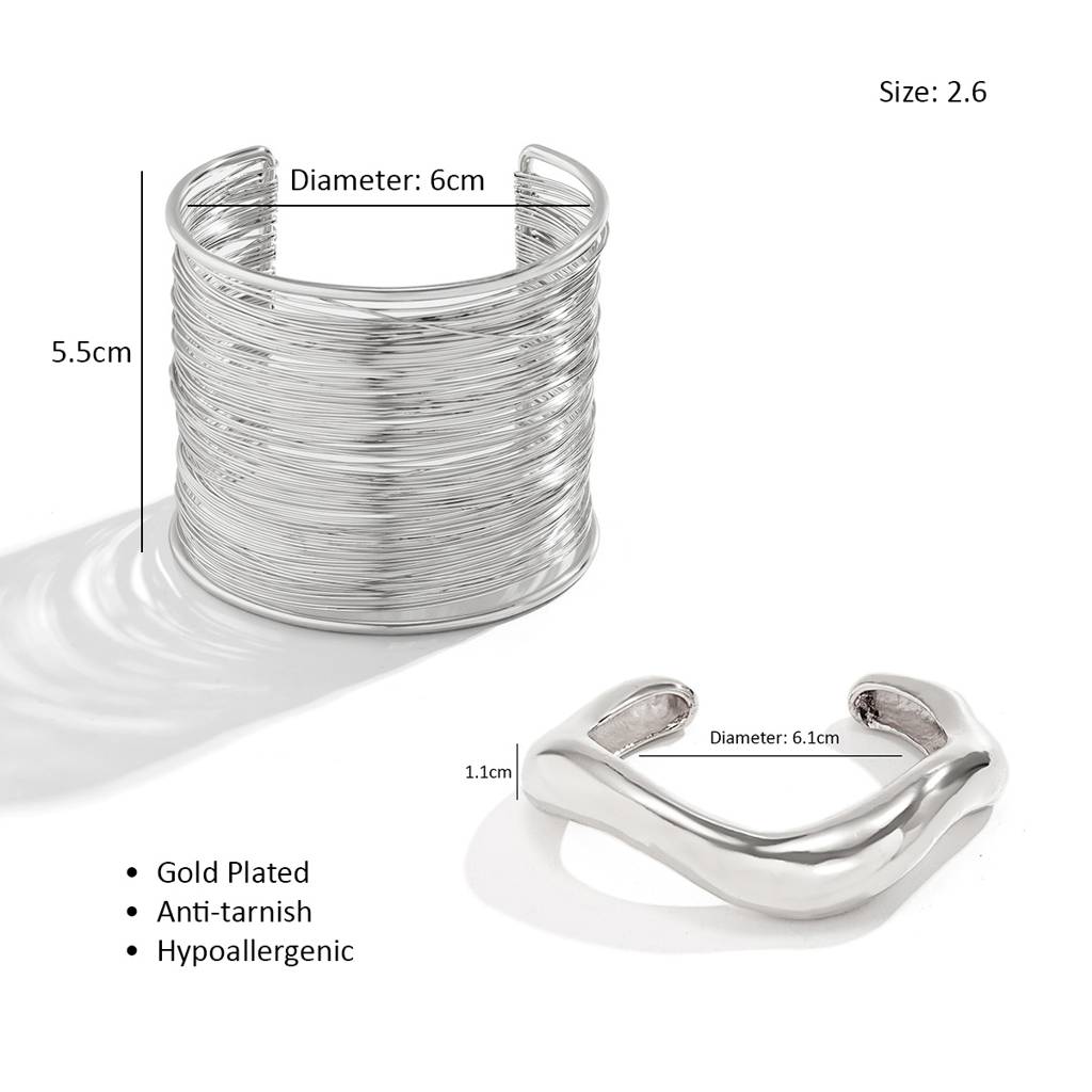 Gold/Silver Plated Anti-Tranish Bold Chunky Coil Wire And Wavy Statement Open Cuff Bracelet Combo : ADNSX0525B6712SC2
