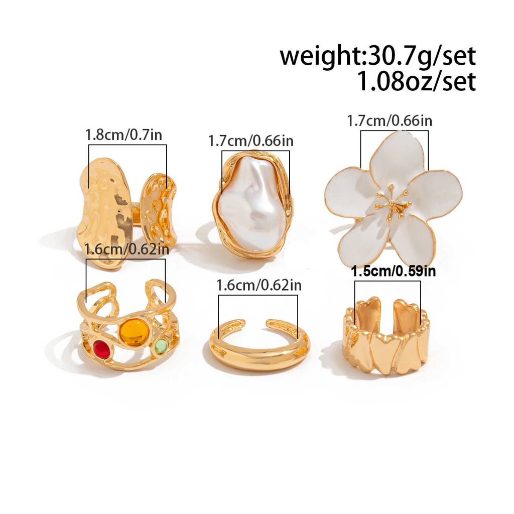 Gold Anti-Tarnish Baroque Pearl White Floral Statement Stack Rings (Set Of 6) : ADN0525R134