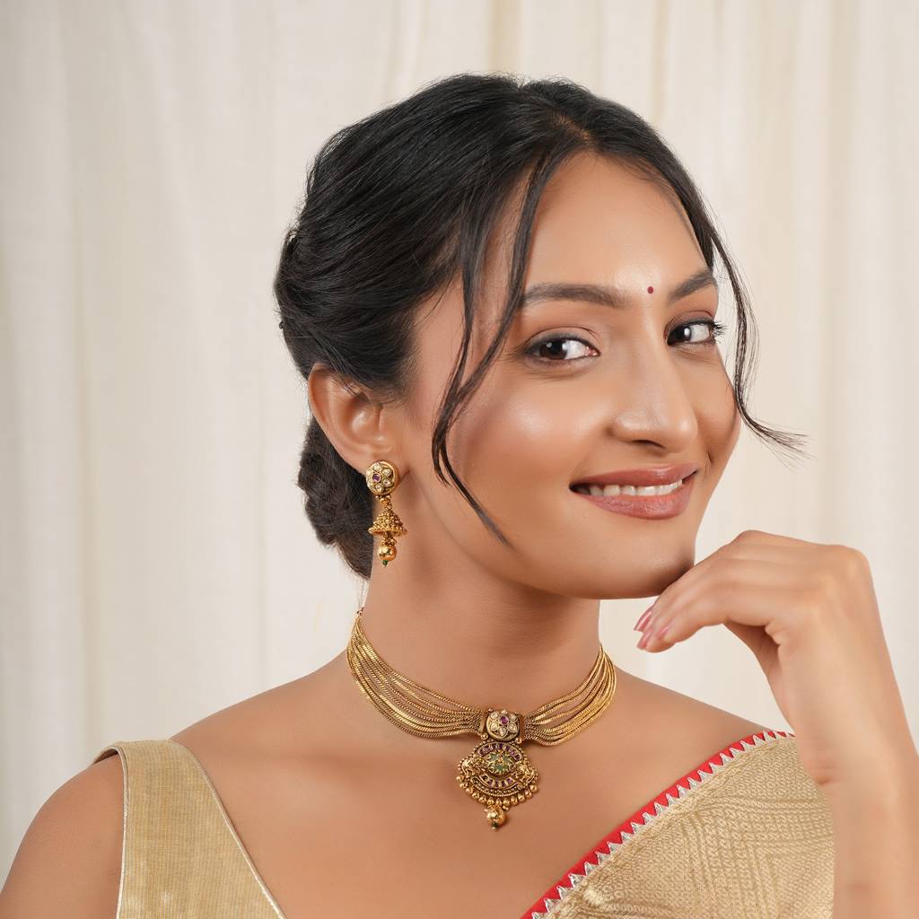 Beautiful Antique Gold Kundan Rajwadi Necklace Set : SJ1346