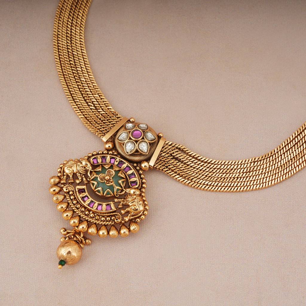 Beautiful Antique Gold Kundan Rajwadi Necklace Set : SJ1346