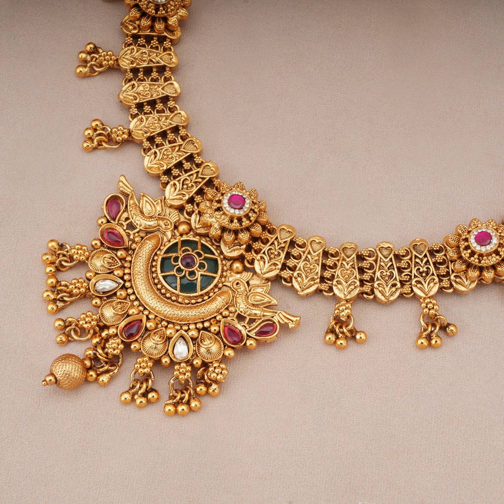 Stunning Antique Gold Heritage Peacock Necklace Set : SJ1366