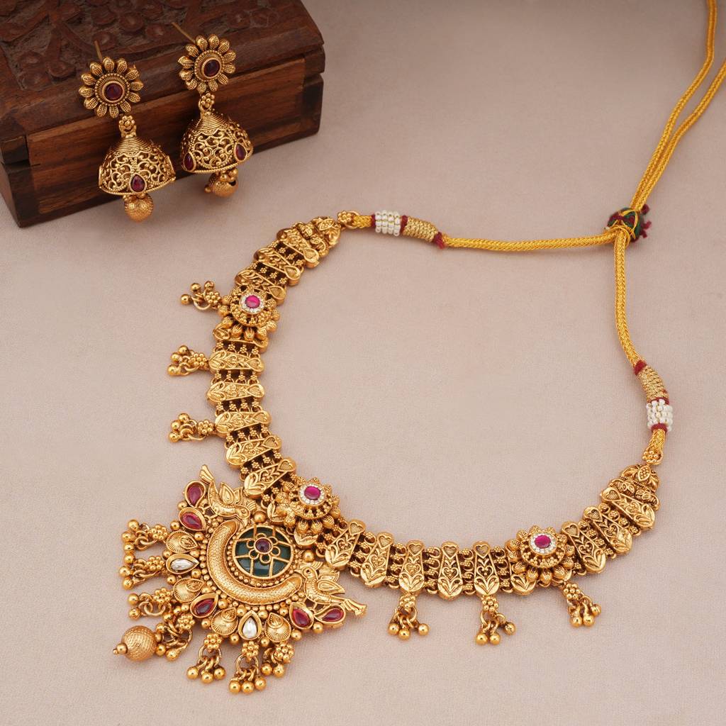 Stunning Antique Gold Heritage Peacock Necklace Set : SJ1366