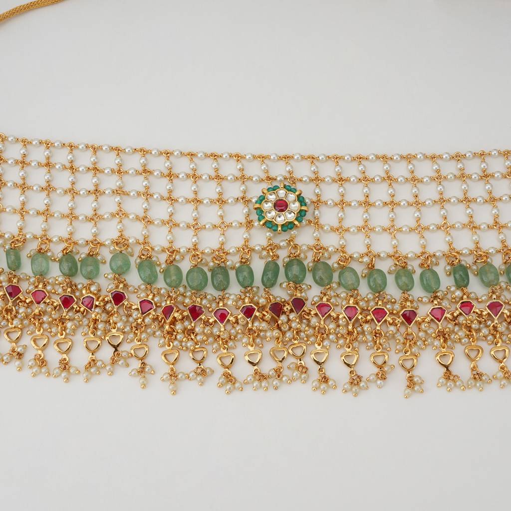 Stunning Pearl Pachi Kundan Gold Necklace Set : SJ1585