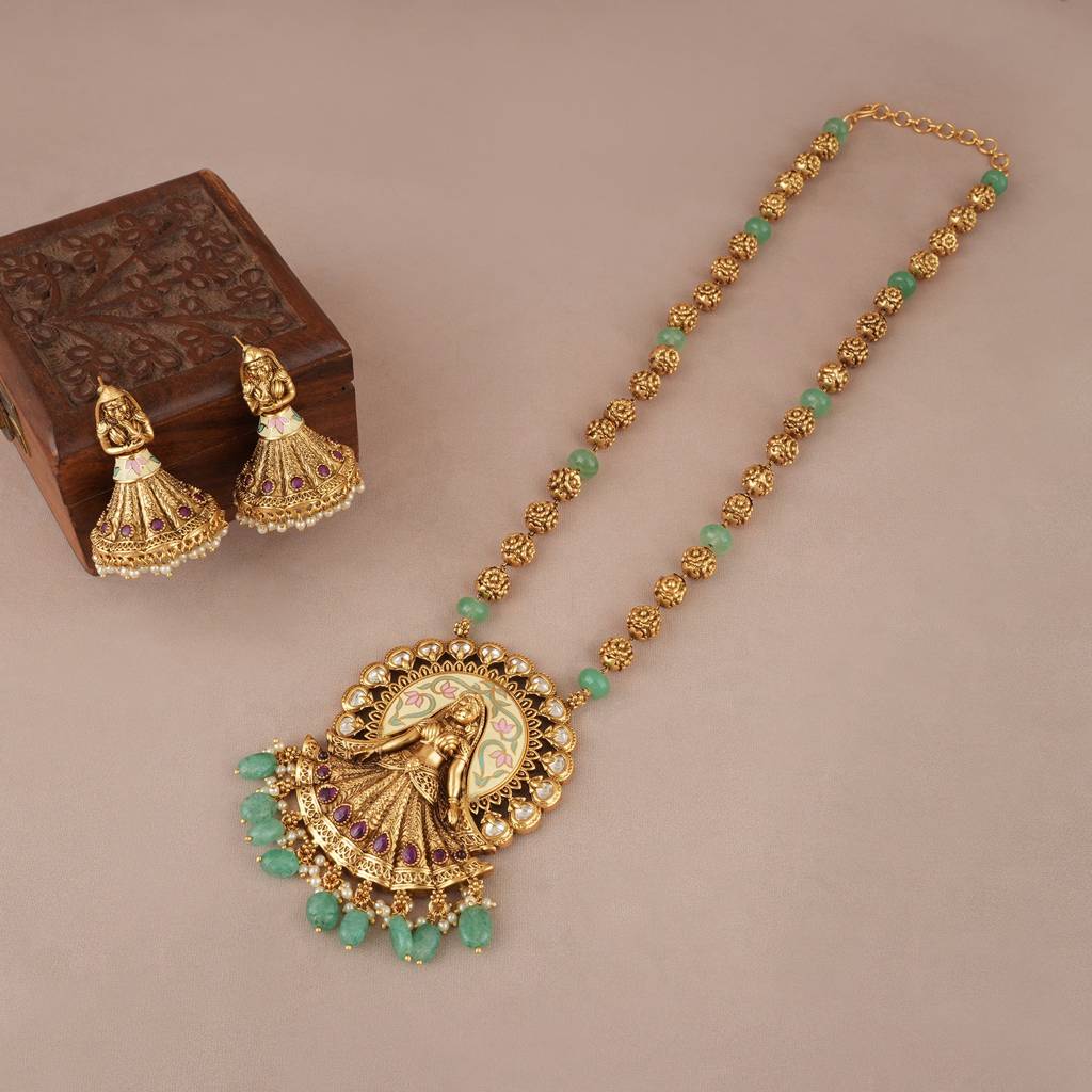 Stunning Antique Gold Long Dulhan Stone Necklace Set : SJ498