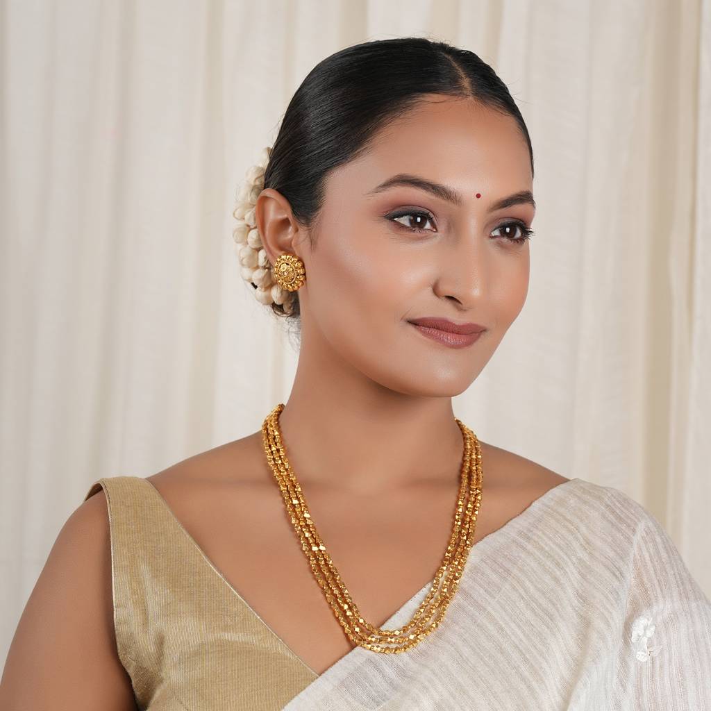 Long Antique Gold Three Layer Mala Necklace Set : SJ513