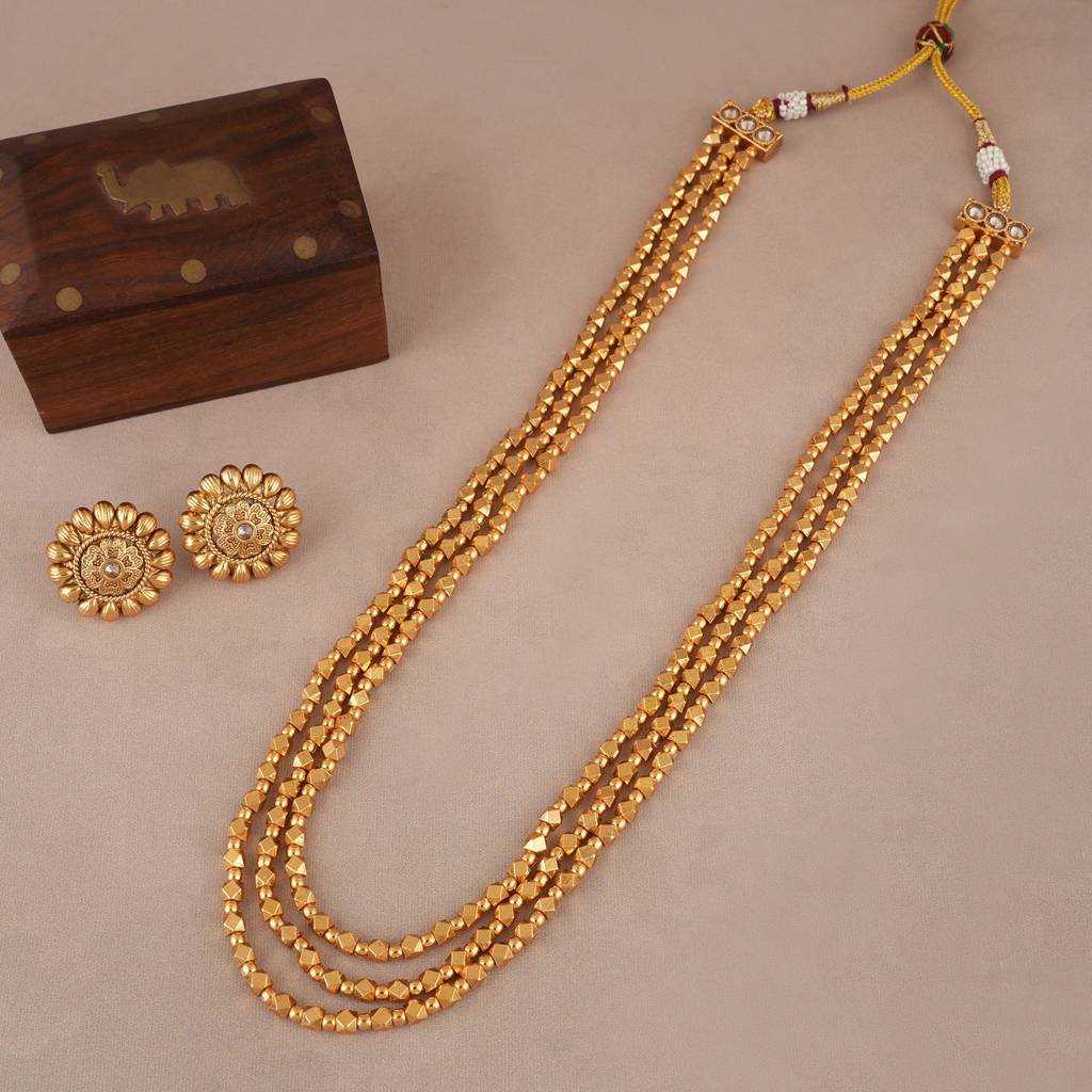 Long Antique Gold Three Layer Mala Necklace Set : SJ513