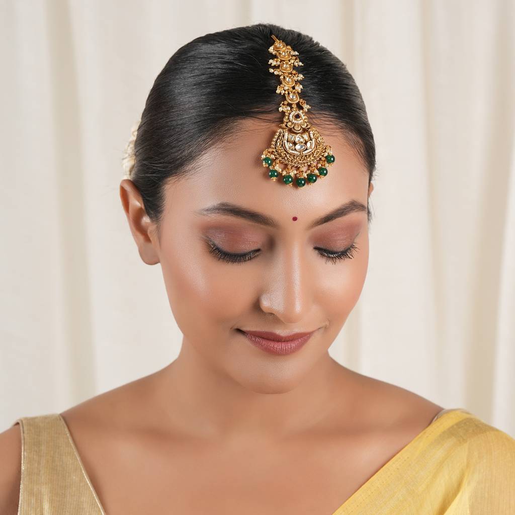 Beautiful Emerald Antique Gold Kundan Maangtika : SJ540