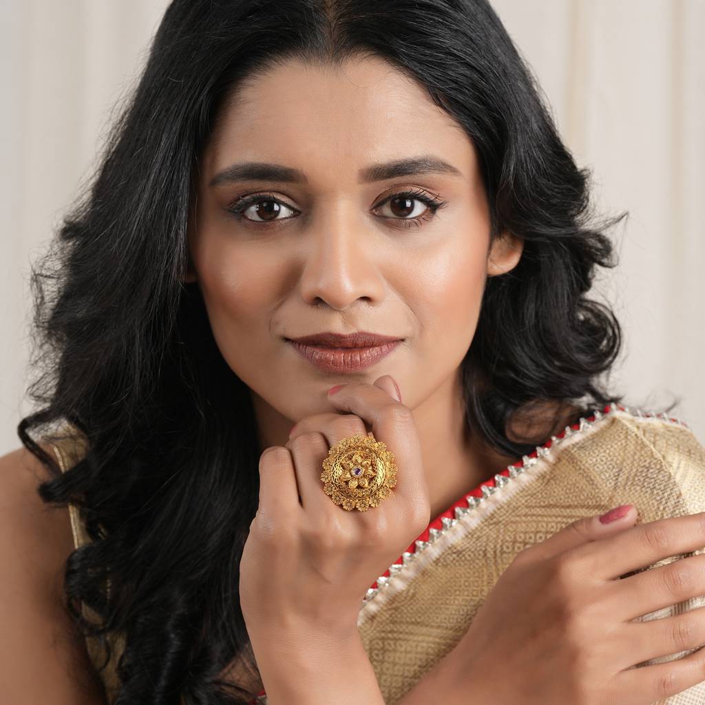 Beautiful Antique Gold Floral Ruby Stone Adjustable Finger Ring : SJ546