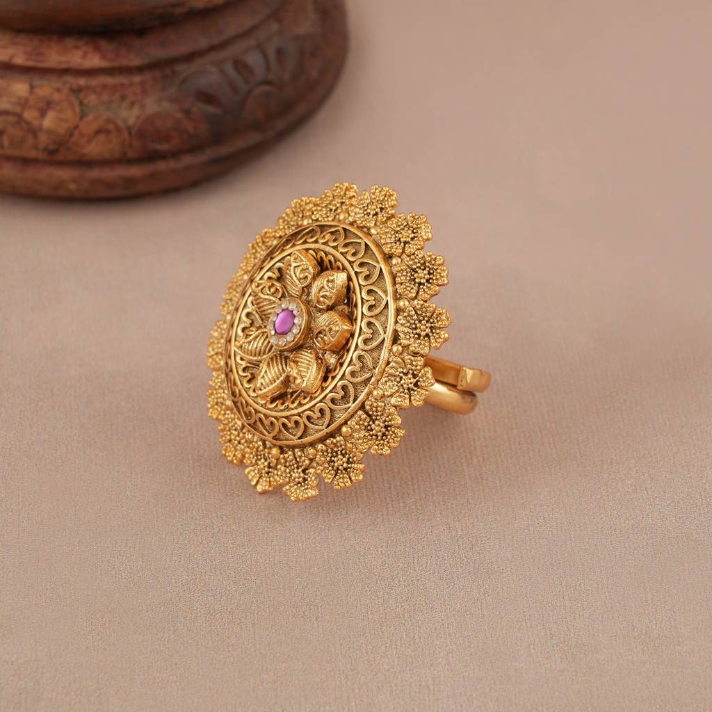 Beautiful Antique Gold Floral Ruby Stone Adjustable Finger Ring : SJ546