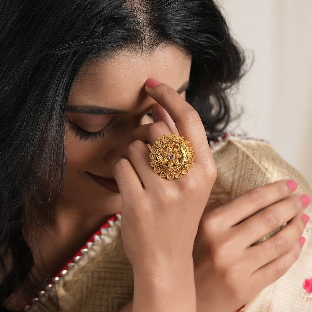 Beautiful Antique Gold Floral Ruby Stone Adjustable Finger Ring : SJ546