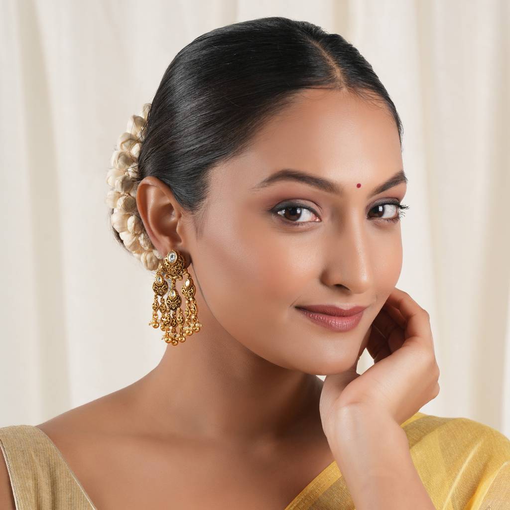 Long Beautiful Antique Gold Kundan Earring : SJ563