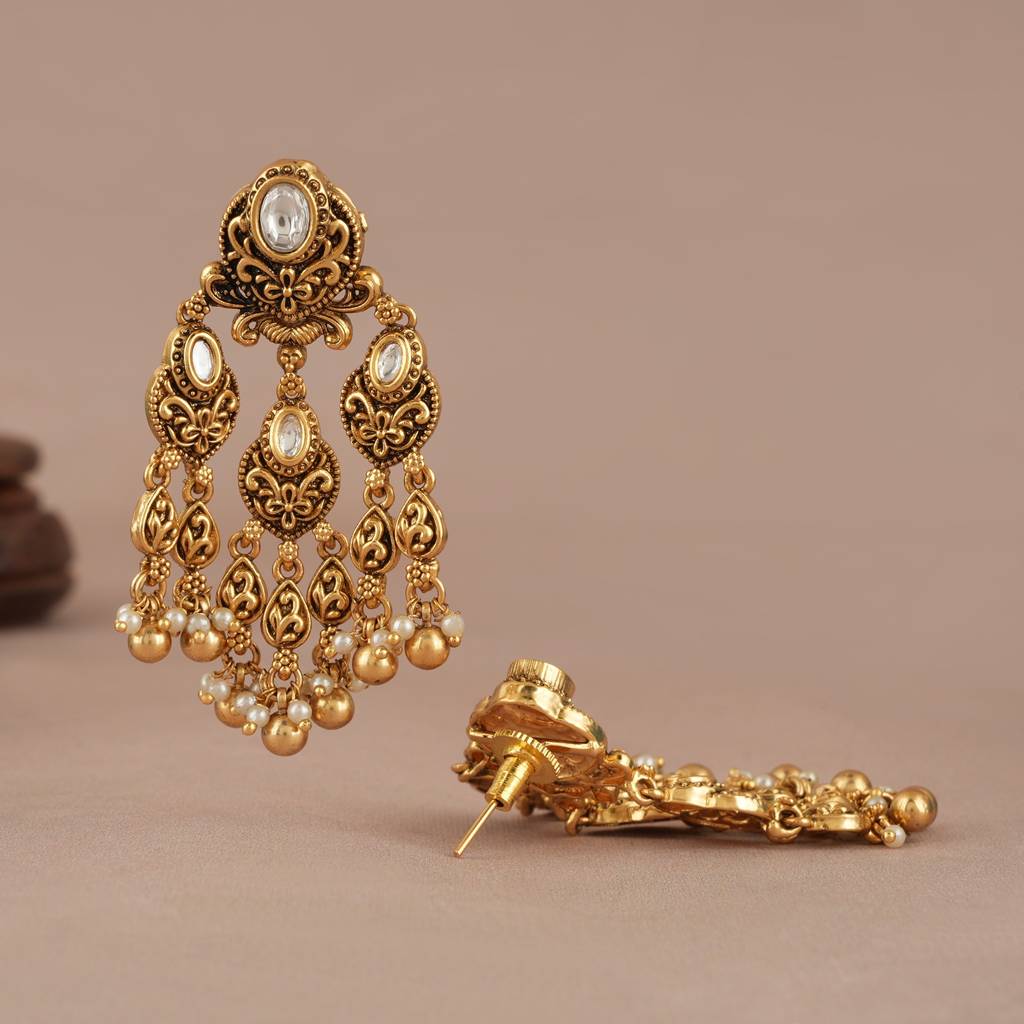 Long Beautiful Antique Gold Kundan Earring : SJ563