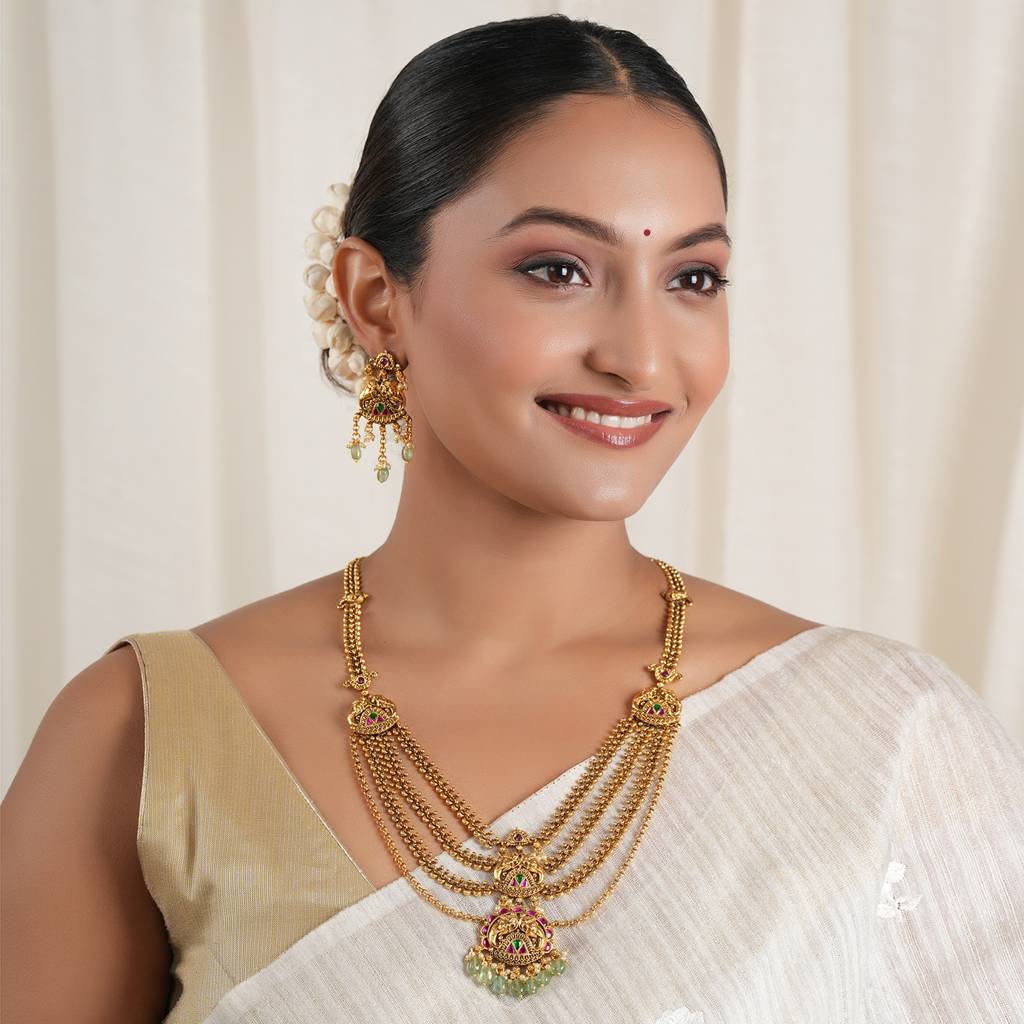 Beautiful Long Stone Antique Gold Elephant Layer Neckalce Set : SJ596