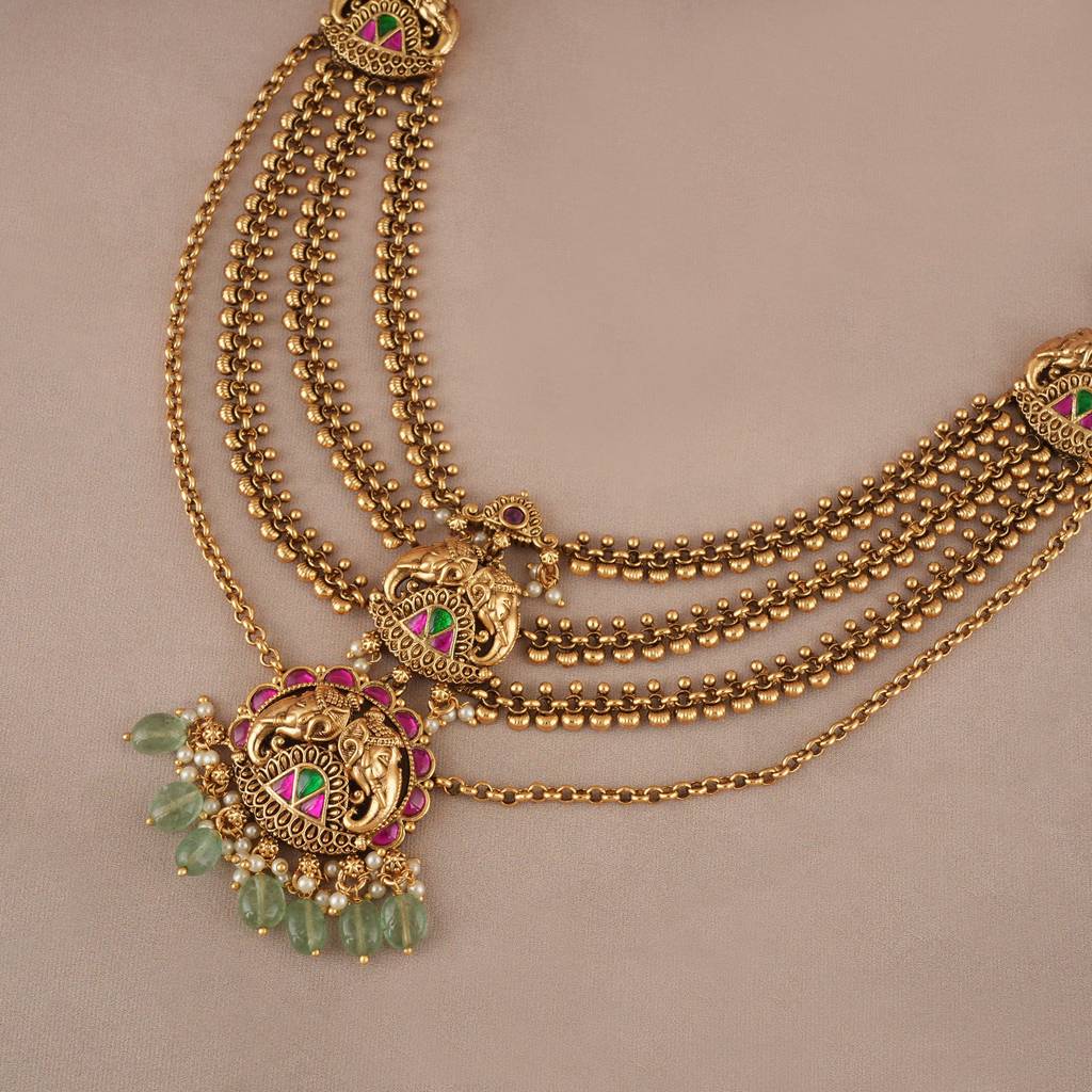Beautiful Long Stone Antique Gold Elephant Layer Neckalce Set : SJ596