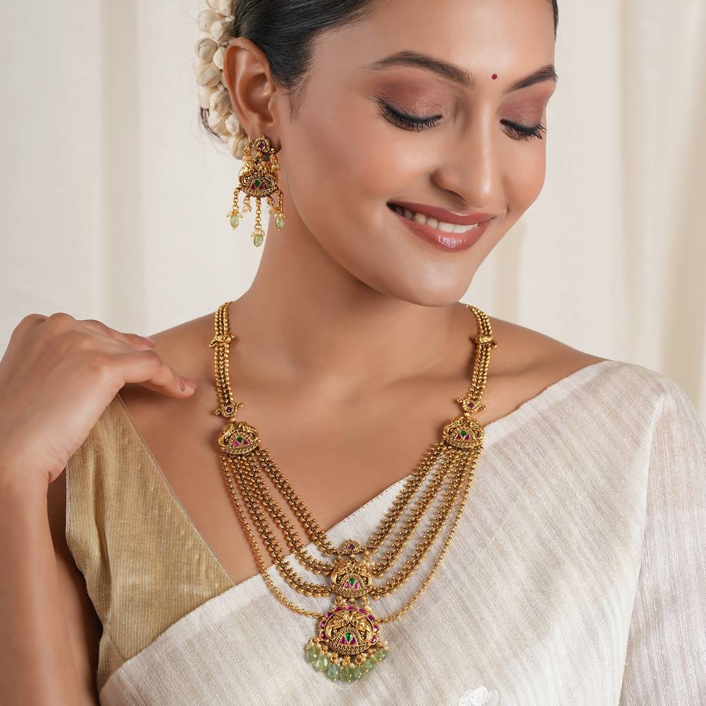 Beautiful Long Stone Antique Gold Elephant Layer Neckalce Set : SJ596