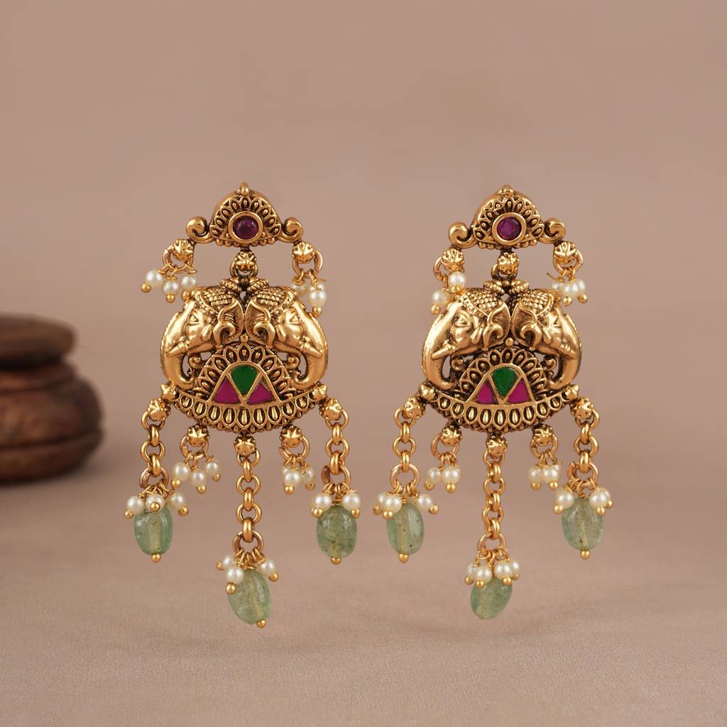 Beautiful Long Stone Antique Gold Elephant Layer Neckalce Set : SJ596