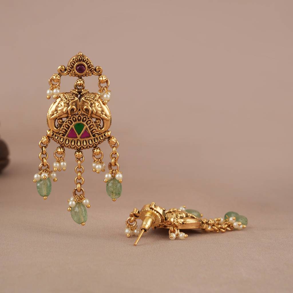 Beautiful Long Stone Antique Gold Elephant Layer Neckalce Set : SJ596