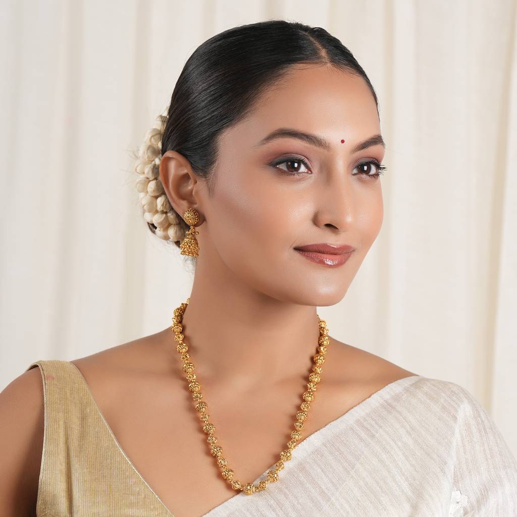 Long Plain Antique Gold Balls Mala Set With Earring : SJ625