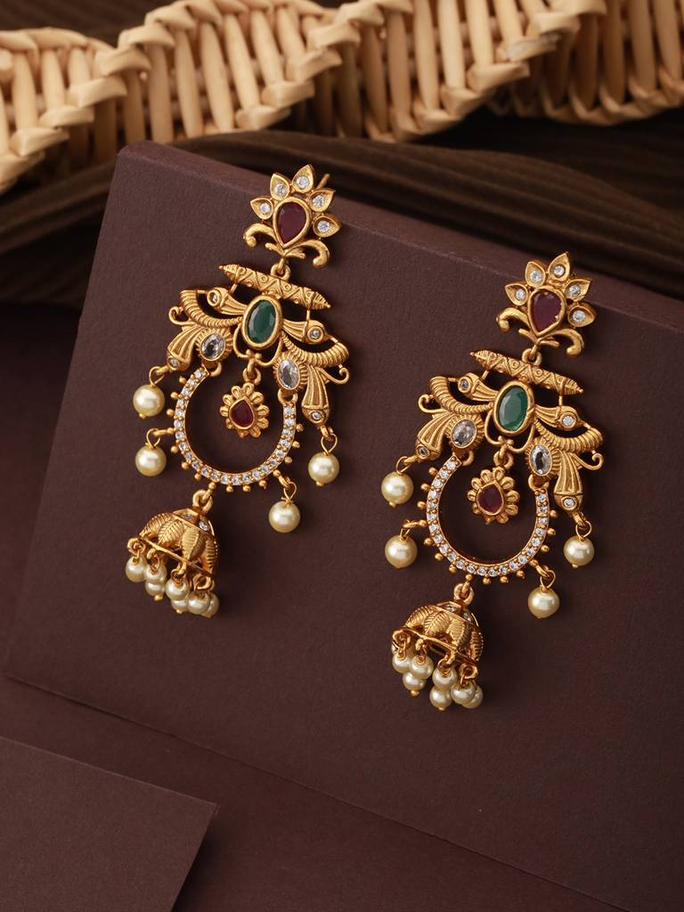 Gold Plated Cz Studded Floral Chandbali Earrings Gold Plated Cz
