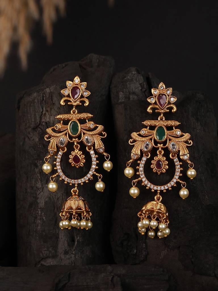 Gold Plated Cz Studded Floral Chandbali Earrings : SJER2229