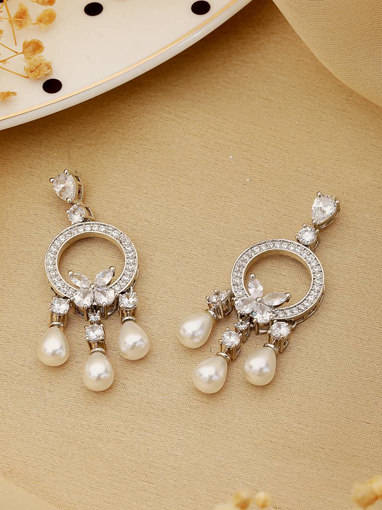Silver Polish Ad Studded Pearl Beaded Chandbali Earring : SJER2244