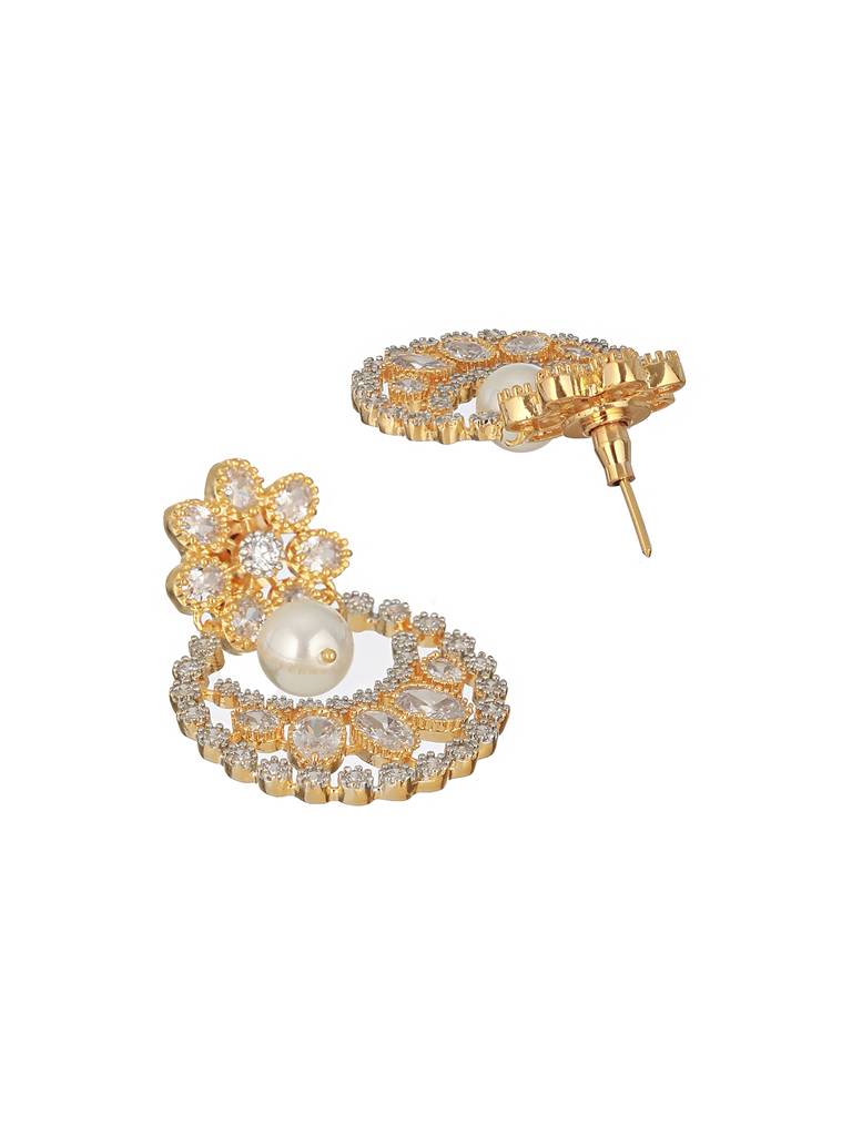 Gold Toned Zircon Studded Pearl Beaded Chandbali Drop  Earrings : SJER2245