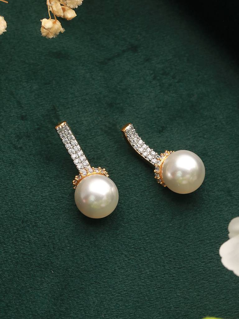 Gold Toned Pearl Minimal Officewear  Drop Earrings : SJER2247