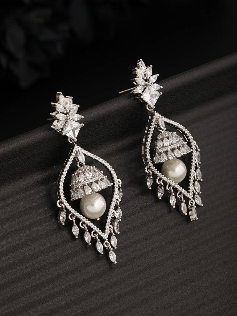 Silver Plated Cz Studded & Pearl Beaded Delicate Jhumka Chandelier Earrings : SJER2251