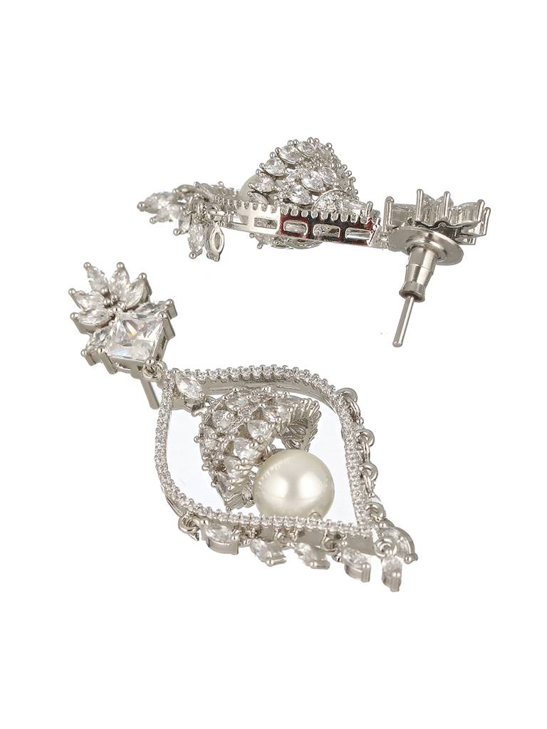 Silver Plated Cz Studded & Pearl Beaded Delicate Jhumka Chandelier Earrings : SJER2251