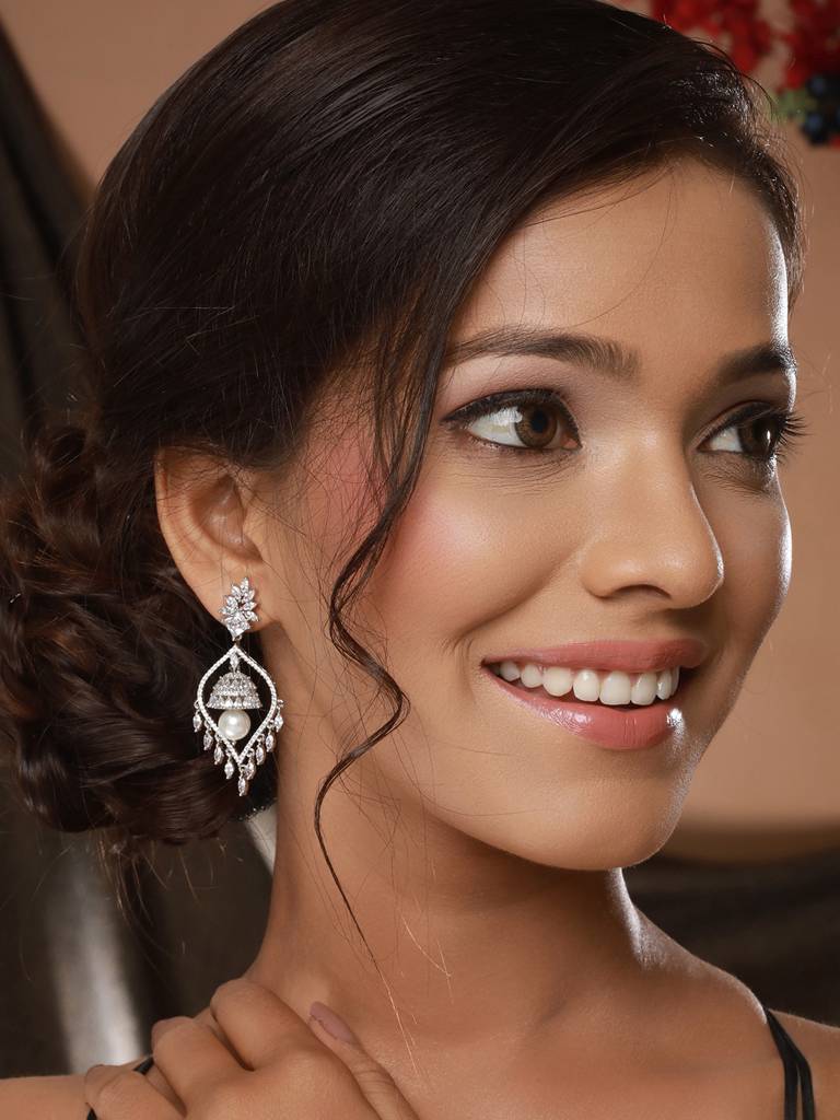 Silver Plated Cz Studded & Pearl Beaded Delicate Jhumka Chandelier Earrings : SJER2251