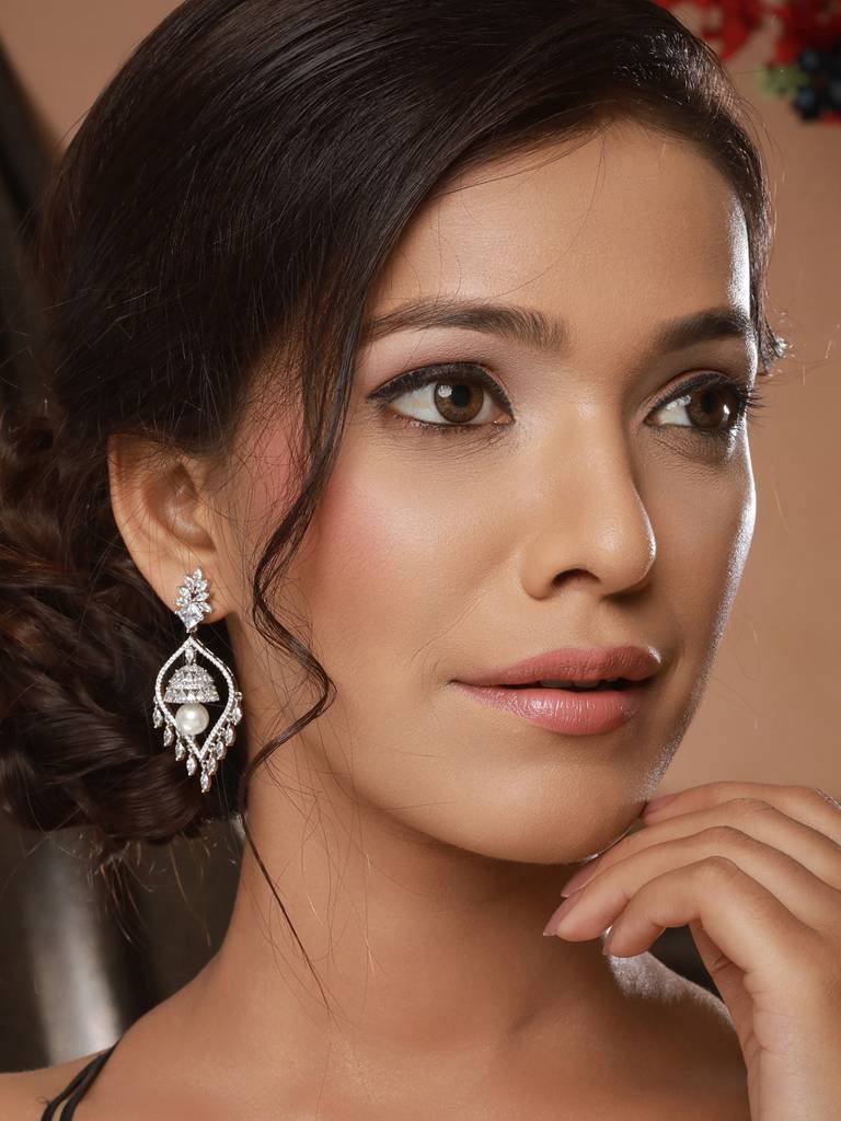 Silver Plated Cz Studded & Pearl Beaded Delicate Jhumka Chandelier Earrings : SJER2251