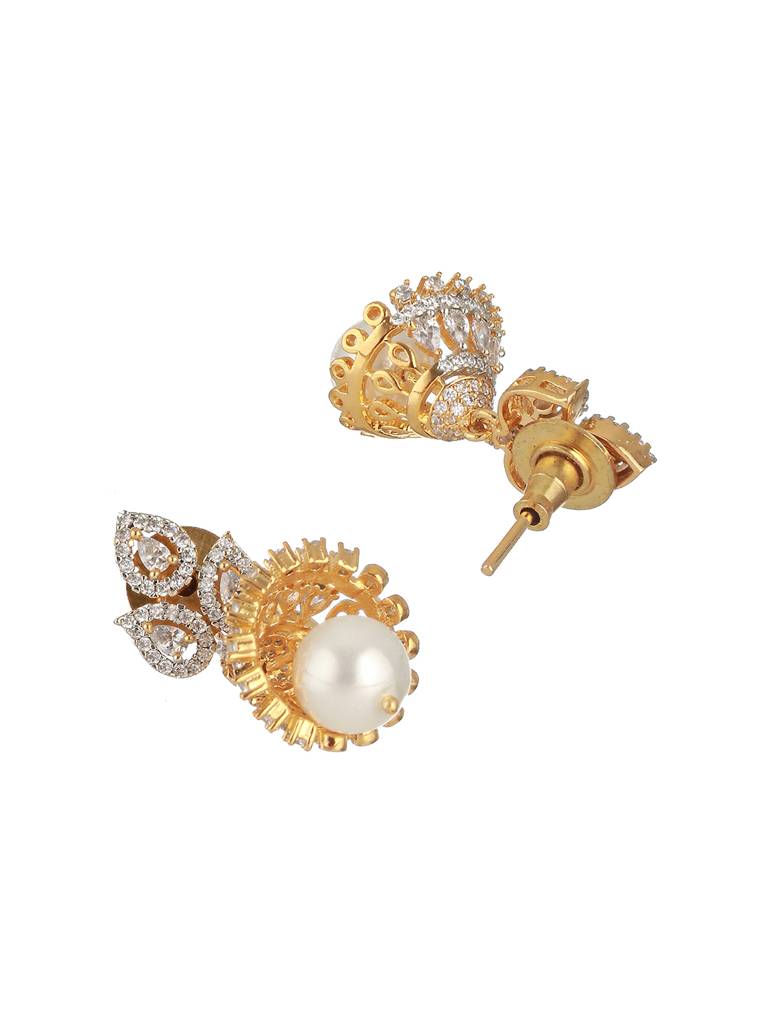 Gold Plated Zircon & Pearl Beaded Minimal Jhumka Earring : SJER2254