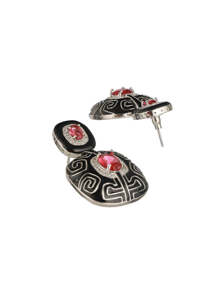 Black Enamelled Red Ad Studded Statement Drop Earrings : SJER2256