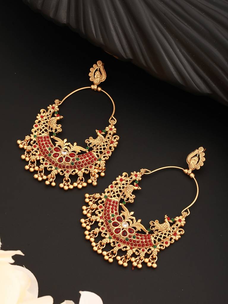 22K Gold Plated Multi Stone Studded & Beaded Temple Chandbali Earrings : SJER2273