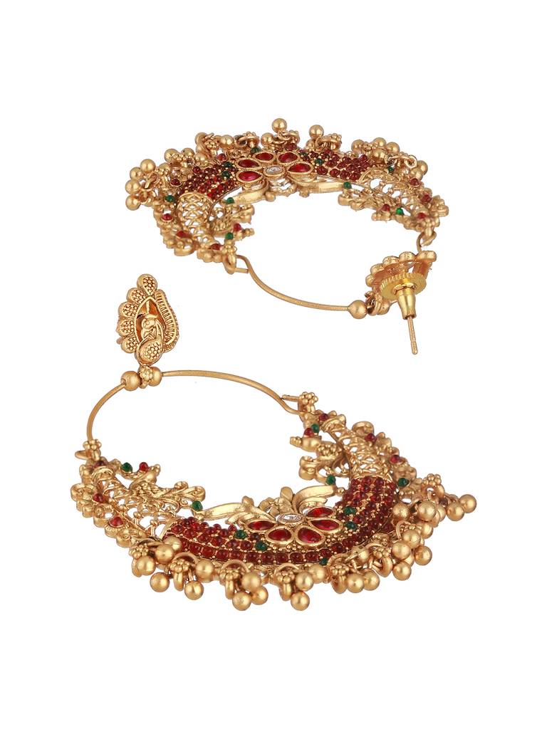 22K Gold Plated Multi Stone Studded & Beaded Temple Chandbali Earrings : SJER2273