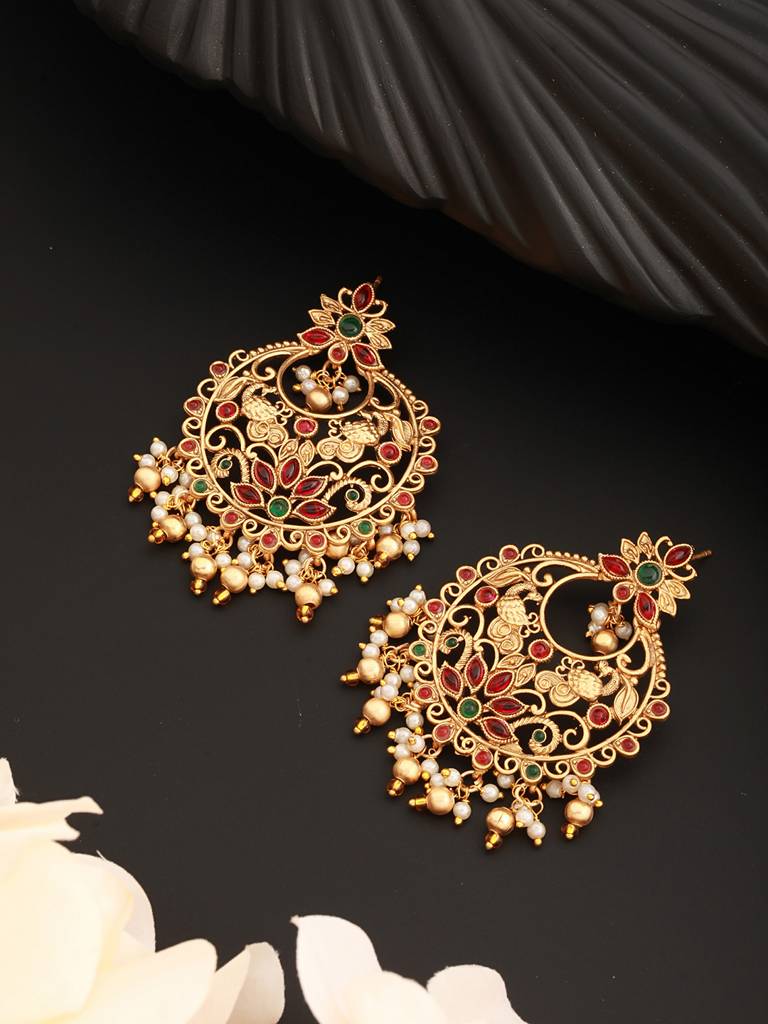 22K Gold Plated Red Kempo Temple Chandbali Earrings : SJER2274