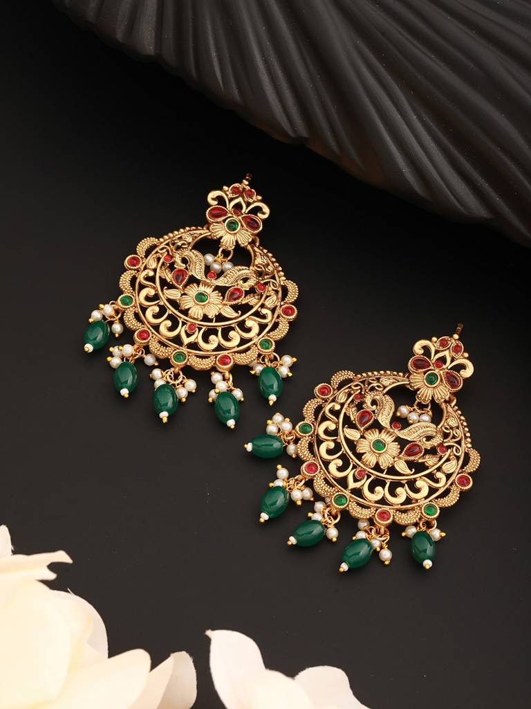 20K Gold Plated Red Stones Studded & Beaded Temple Chandbali Earrings : SJER2275