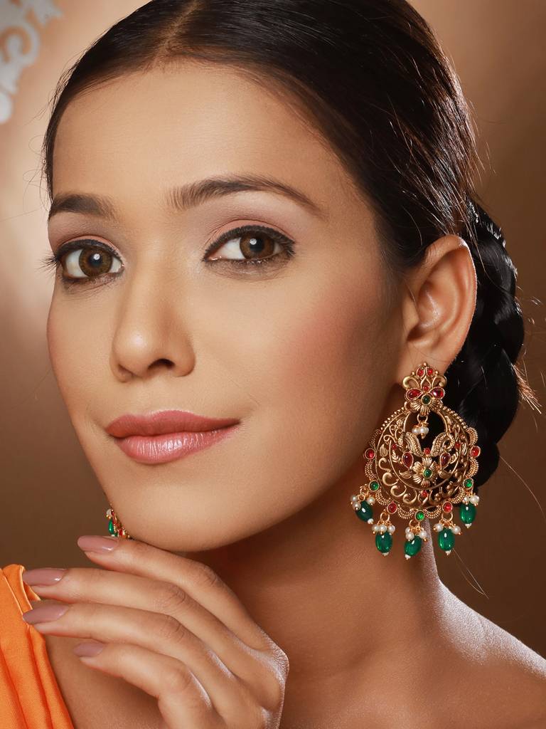 20K Gold Plated Red Stones Studded & Beaded Temple Chandbali Earrings : SJER2275