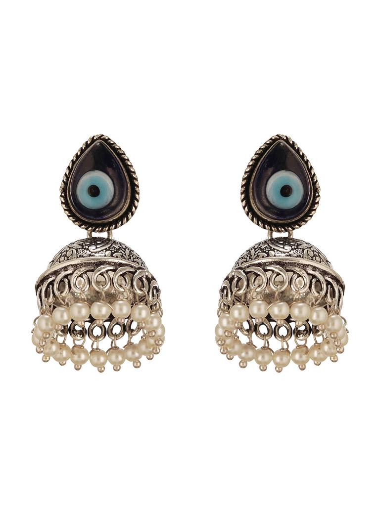 Oxidised Silver Toned Evil Eye Handcrafted  Minimal Trendy Jhumka Earrings : SJER2768