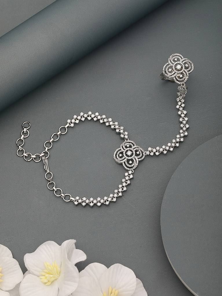 Silver Plated Cz Studded Floral Ring Bracelet Hathpool : SJHP2243