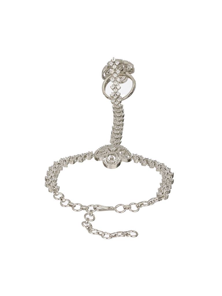 Silver Plated Cz Studded Floral Ring Bracelet Hathpool : SJHP2243