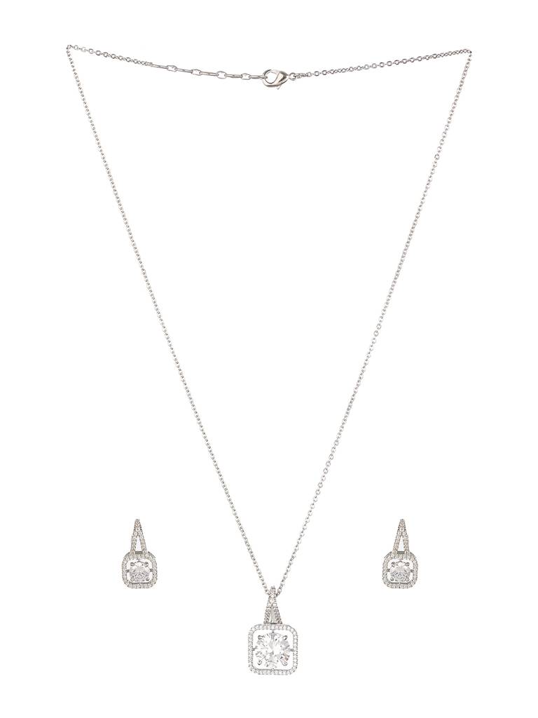 Silver Plated Solitaire Ad Studded Minimal Design Locket Jewellery Set : SJLK2268
