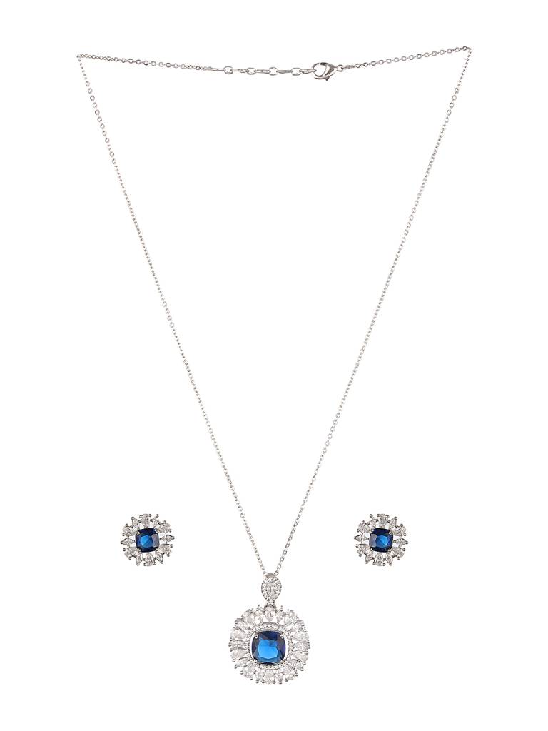 Silver Plated Blue Ad Studded Statement Locket Jewellery Set : SJLK2269