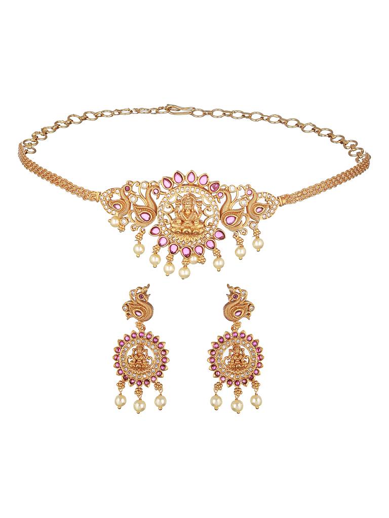 Gold Plated Kempo Studded Goddedd Lakshmi Temple Choker Jewellery Set : SJNK2218